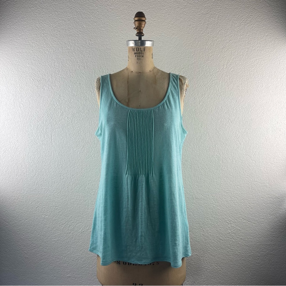 Eileen Fisher l M Aqua Blue Natural Linen Vertical Pintuck Bodice Scoopneck Tank